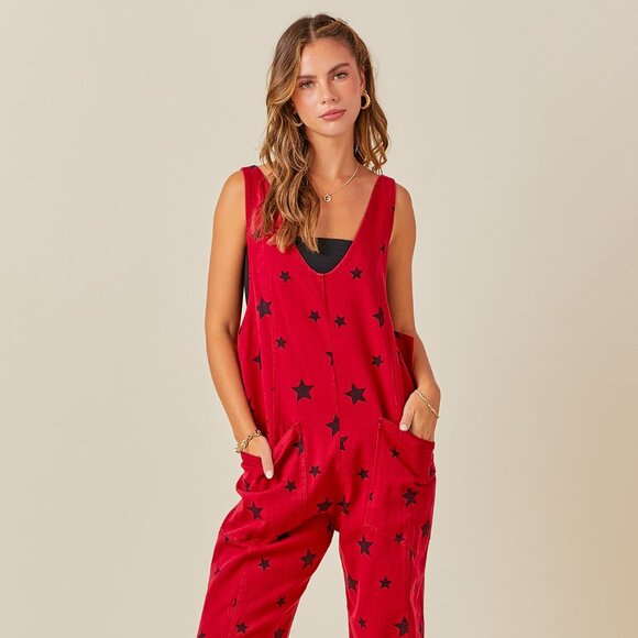 RED & BLACK Star Print One-Piece College Pro Fan GAMEDAY DENIM Onesie Jumpsuit - Picture 10 of 11